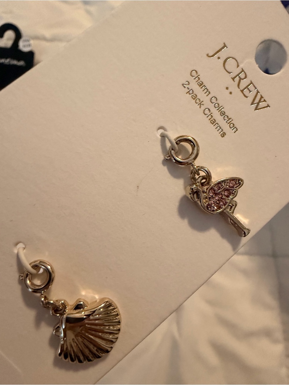 J. Crew Gold Charm Pair with Pink Crystal Flamingo and Shell
